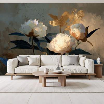 Floral Peel and Stick Wallpaper Vintage Peony Wall Art White Gold Flowers Blue Leaf Wall Murals 69"H x 96"W Removable PVC Wall Paper Self-Adhesive Wall Paintings Art Decor for Boys Bedroom Play Room Men Cave Beauty Salon