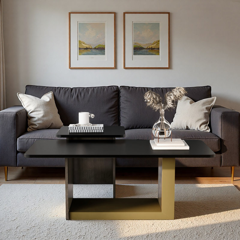 Set Of 2 Light Luxury Coffee Table With Spacious Top And Golden Frame, Black