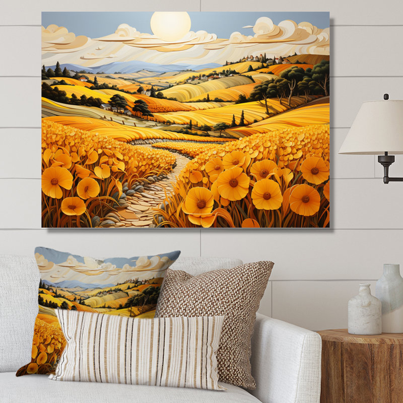 Countryside Yellow Fields Patchwork III - Modern Wall Art Living Room, Toile tendue, H 16 po x l 32 po x P 1 po