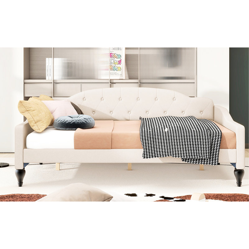 Lit de jour rembourré beige avec structure en bois massif - Stable et lattes en contreplaqué