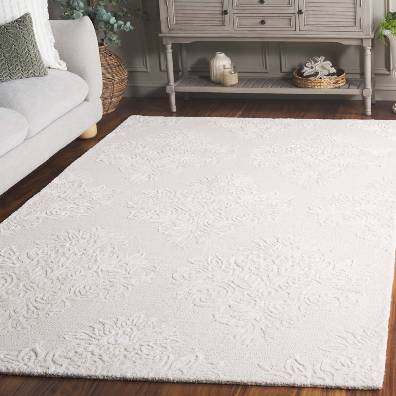 Vidath 619 Hand Tufted Wool/Viscose/Cotton Damask Indoor Use Only Rug in Ivory, Rectangle 5' x 8'