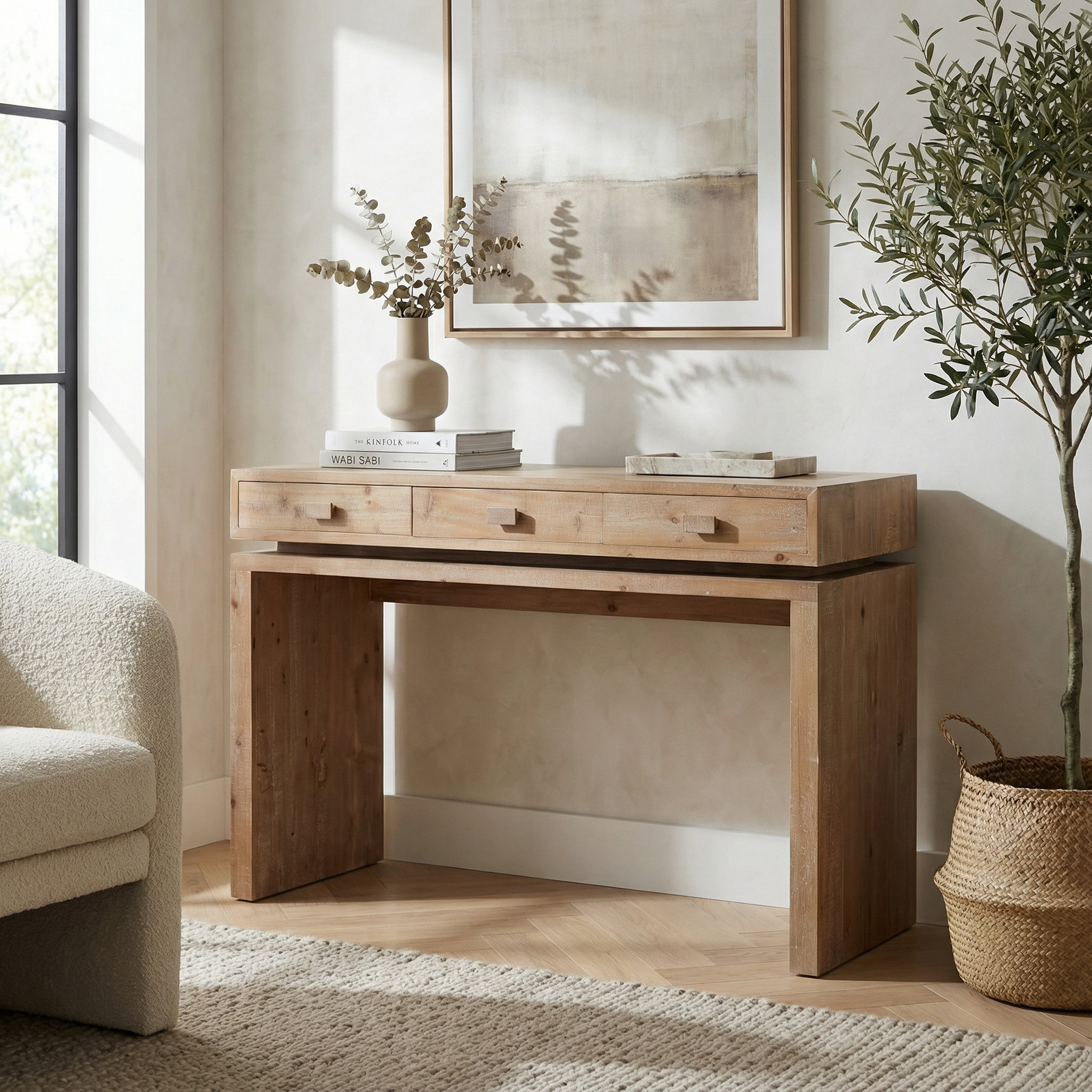 17 Stories Distressed Wood Console Table with Three Drawers for ...