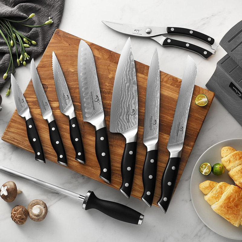 Ensemble de 15 couteaux de cuisine avec bloc Damascus, gris
