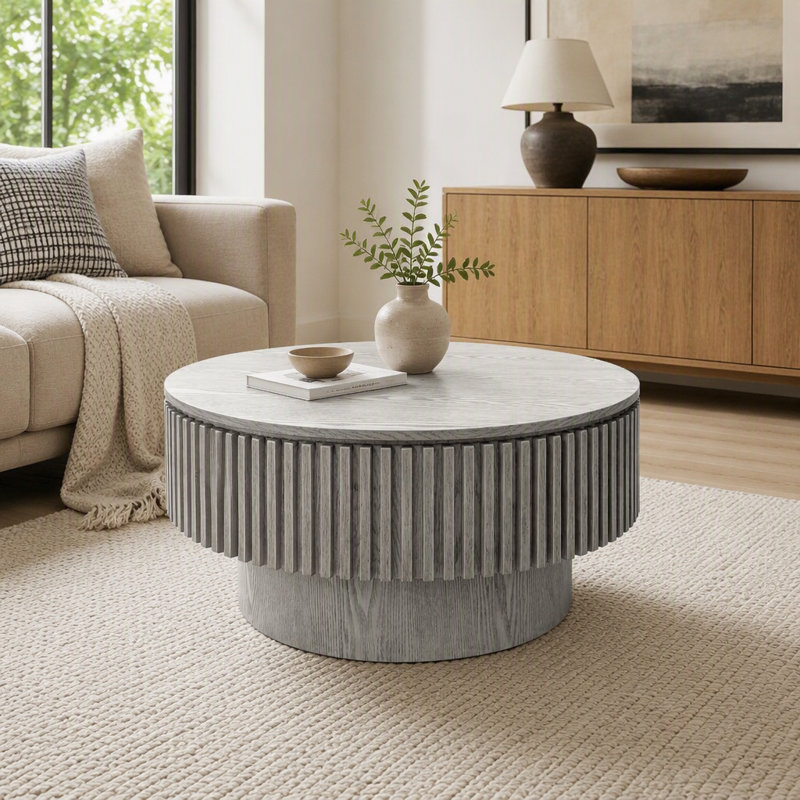Table basse ronde moderne blanche vintage, 80 cm de diamètre, placage bois, table de rangement pour salon, chambre, appartement ou bureau
