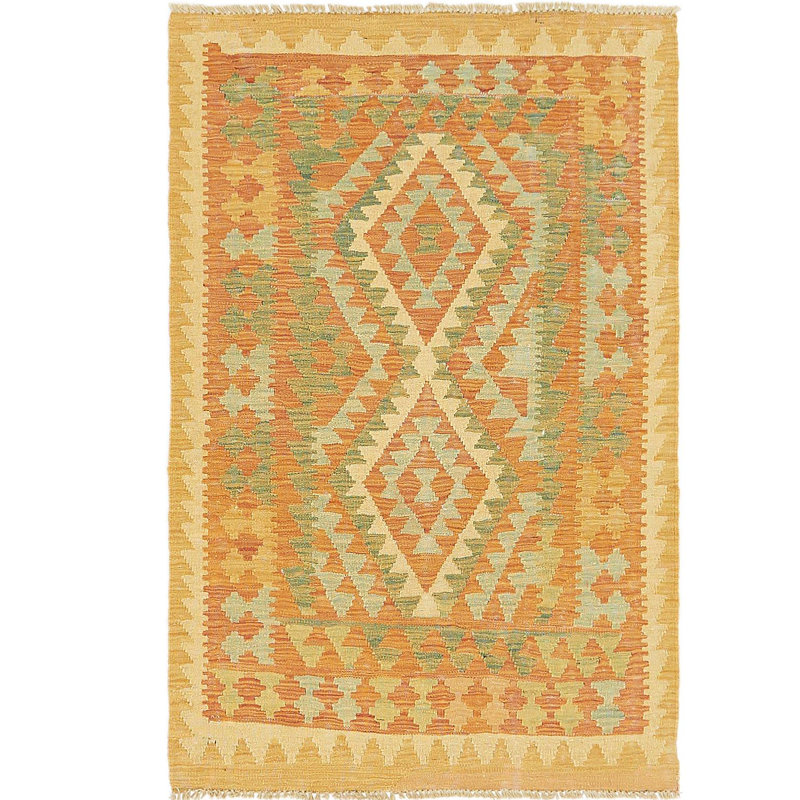 Tapis de zone en laine beige/vert 3 pi x 4 pi 6 po one-of-kind-noué la main Elland