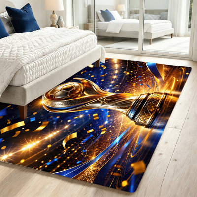 Award Trophy Design Area Rug, Sports Championship Floor Mat, Vibrant Glittering Starbursts and Confetti, Non-Slip Washable Area Carpet for Living Room, Bedroom, Home Decor