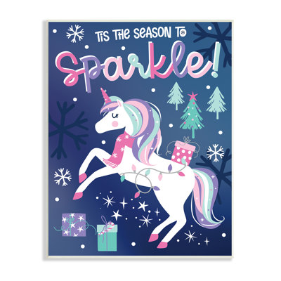 «Season To Sparkle», licorne de Noël fantaisiste, flocons de neige noirs, art numérique par estampe numérique par Angela Nickeas