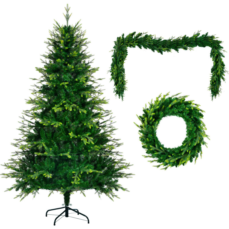 Pre-Lit Aspen Fir Artificial Christmas Tree With Wreath & Garland,Grass  Xmas Tree With 380 Multi-Colour LED Lights, 11 Lighting Modes, 861 PE Branch Tips, For Indoor Holiday Decor