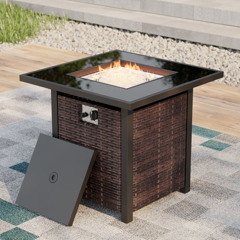 28'' Propane Gas Fire Pit Table with PE Rattan, Hidden Fuel Tank Storage & Lid for Patio CSA-Listed Outdoor Fire Pit Table with Fire Glass Beads