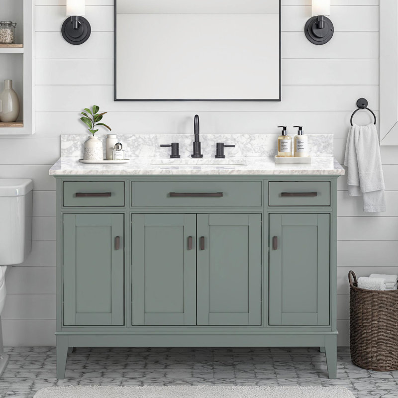 Meuble-lavabo simple 48 po avec plateau Anglet, Blanc de Carrare, Vert fumée