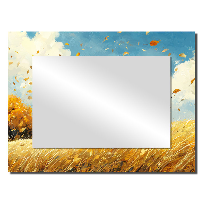 Blue Windy Prairie Leaves - Art mural grand miroir à feuilles - imprimé sur métal, 24 po x 32 po