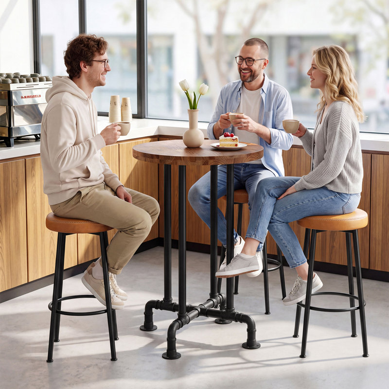 Table de bar ronde à hauteur de comptoir, plateau en bois massif et piètement en tubes métalliques de style industriel