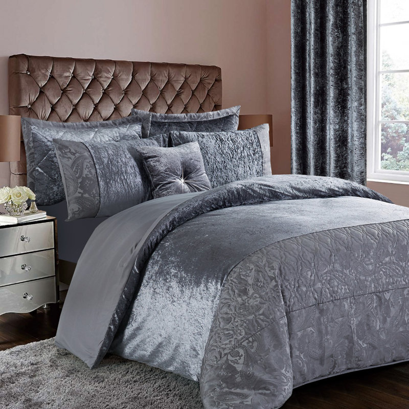 Santiago 3 Piece Crushed Velvet Duvet Cover Set Ultra Soft Luxurious and Easy Care Bedding, Grey
