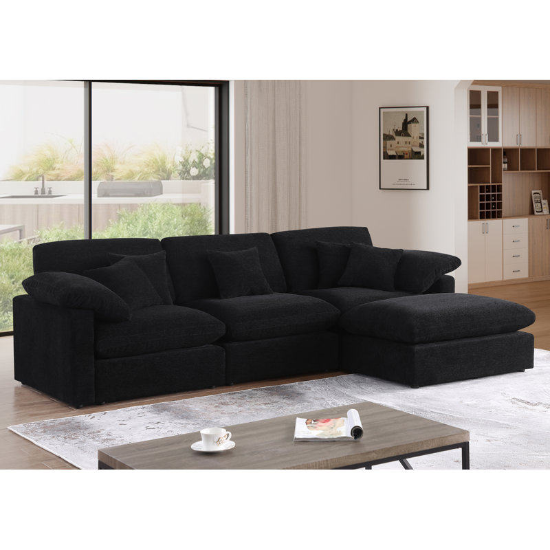 Canapé modulaire en forme de L 117,2 po en chenille de tissu profond avec nuage de chenille noir, Chenille noir