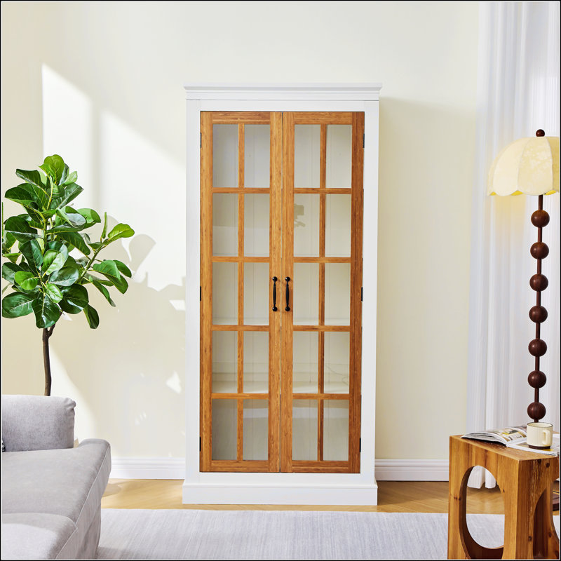 Vitrine de 71,2 po de hauteur avec portes en verre, Brun / blanc crème