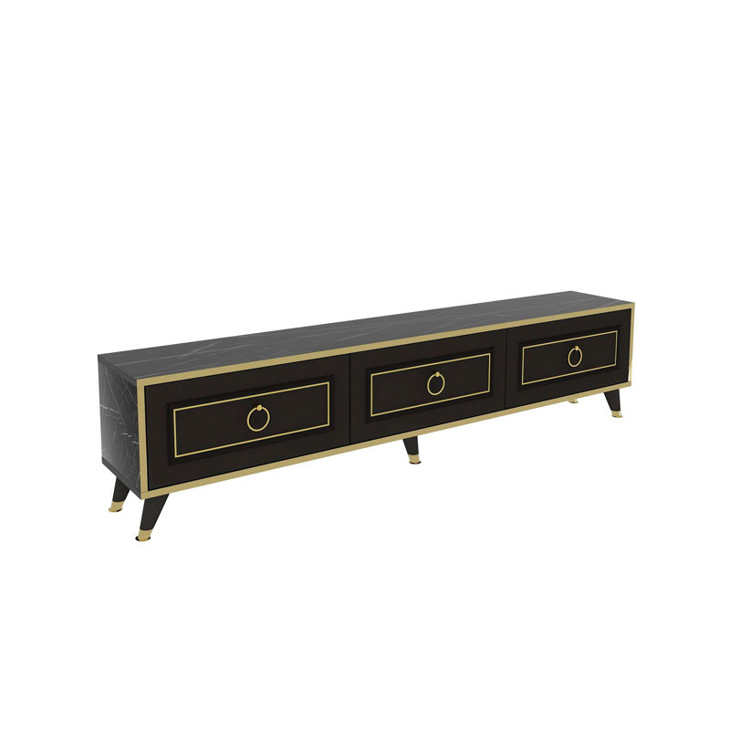 Meuble télé moderne, noir et or, 70,9 x 17,9 x 11,6 pouces | 100% panneau de particules enduit de mélamine, épaisseur: 0,7 pouce | Conception élégante pour le salon ou la chambre à coucher, solution de rangement durable et élégante
