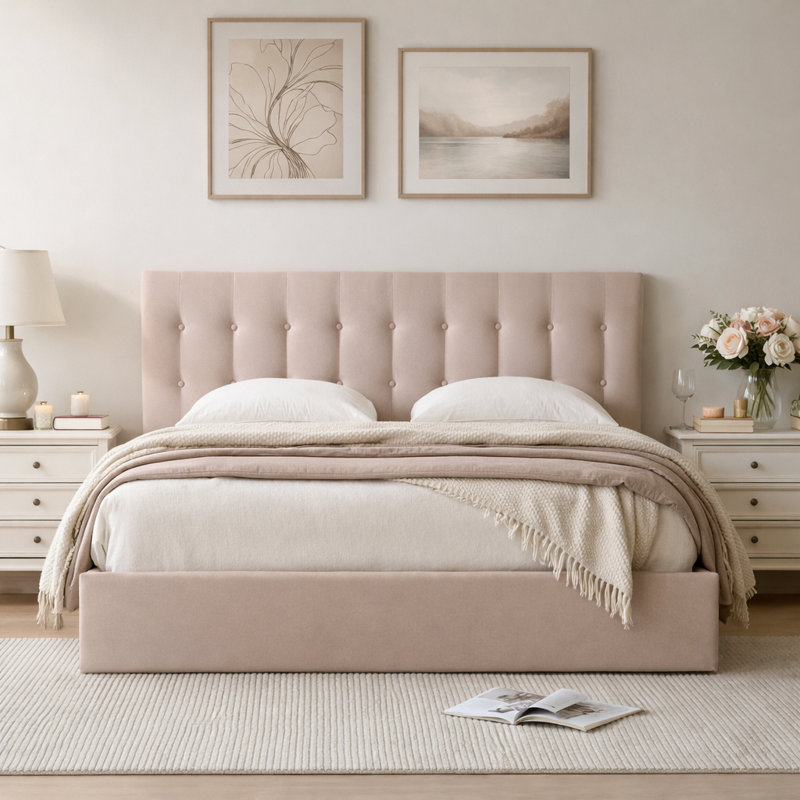 Lit plateforme tapissier avec rangement Arcadia, Grand, Kaki