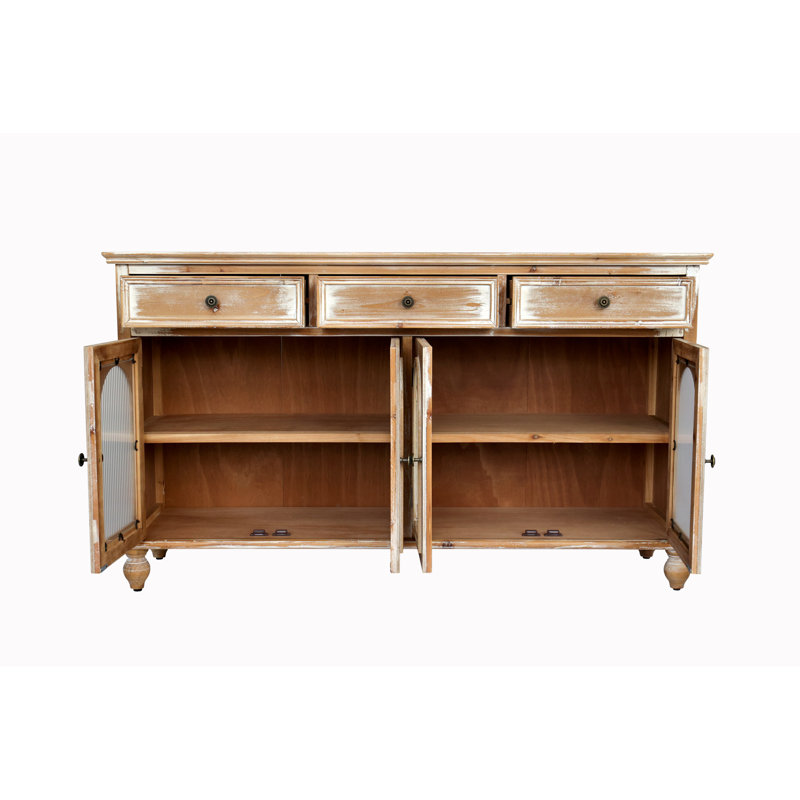 59" Farmhouse Distressed Wood Sideboard Buffet, 3 Drawers 4 Arched Glass Doors Credenza, Rustic Storage Cabinet For Dining Room