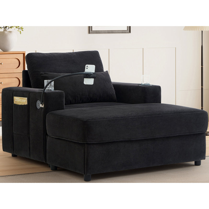 Fauteuil en chenille avec repose-pieds avec rangement, Noir