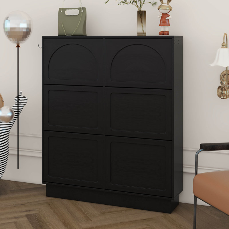 Armoire à chaussures moderne et étroite avec 6 tiroirs rabattables, organisateur de vestibule peu encombrant, tablette réglable, 3 crochets