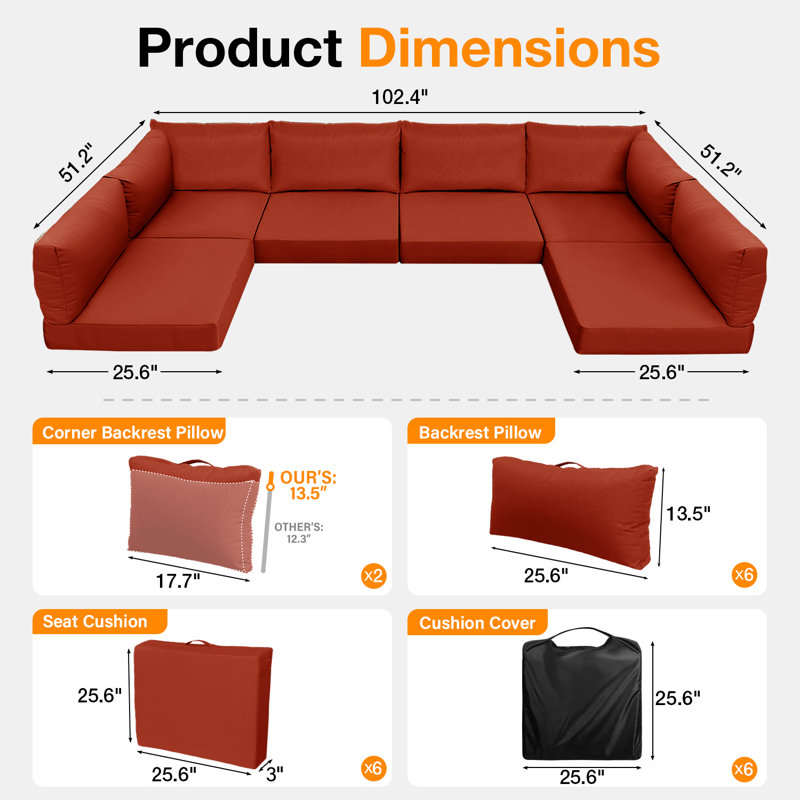 14 Pieces 3" Outdoor Replacement Cushion Sets For Patio Furniture(Set Of 6 Cushion , 6 Backrests , 2 Coner Cushions)