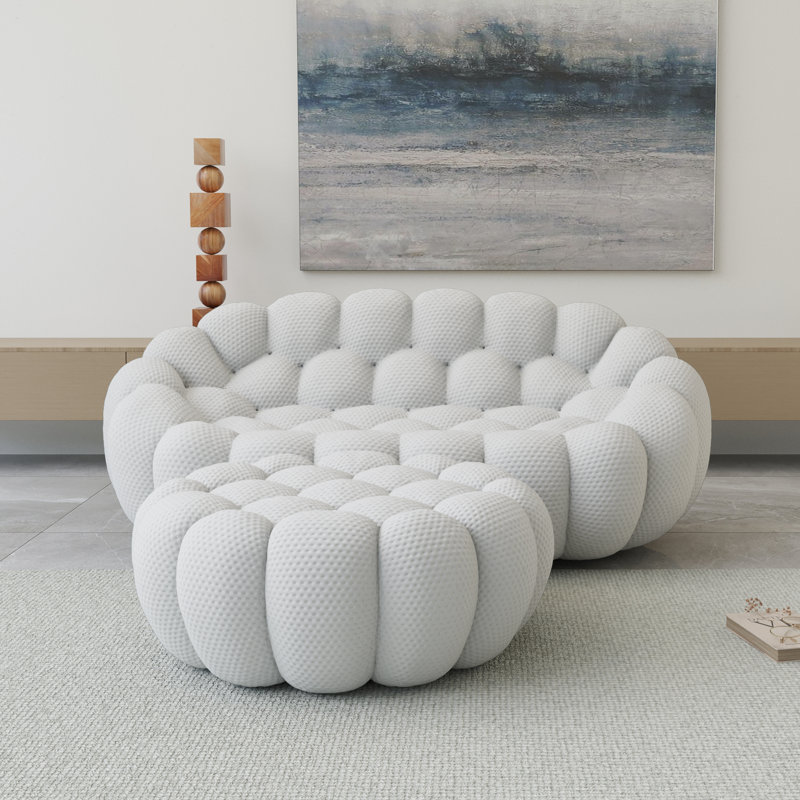 Kayi 79.53" Upholstered Boneless Loveseat Pumpkin-shaped Sofa With Ottoman, No Assembly Required, Light Gray
