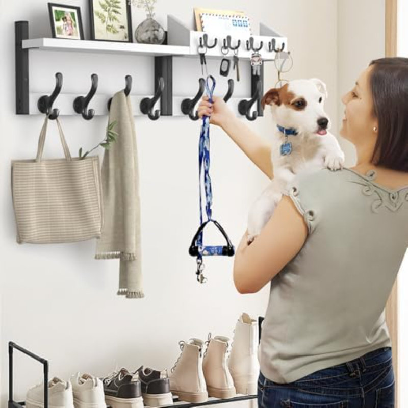 Porte-manteau mural avec tablette d'entrée, blanc | Porte-manteau et porte-clés mural avec crochets, porte-clés et organisateur de courrier pour le mur, le salon, le vestibule, la chambre