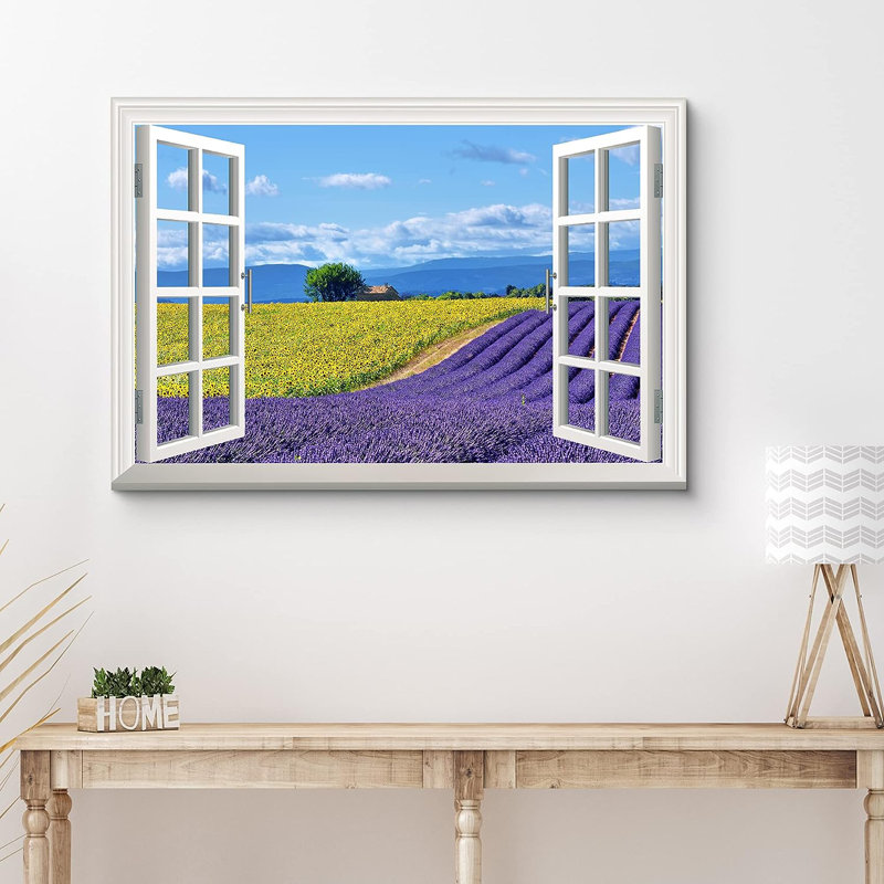 Fenêtre, paysage, fleurs de lavande mauves, nature sauvage sur toile, H 12 po x l 18 po x P 1,5 po