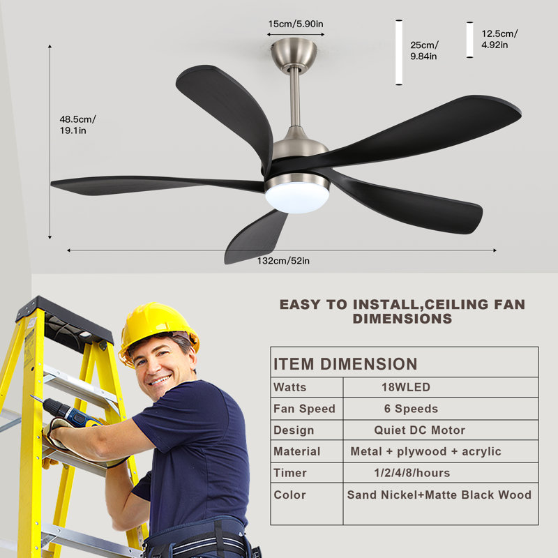  52"Ceiling Fan With Light And Remote Control, 6-Speed Reversible Quiet Dc Motor, 3 Color Temperatures Led Light, 3 Timer Settings, Adjustable Height For Large Room, Bedroom, Living Room,Black