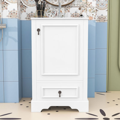 Meuble-lavabo Farmhouse avec lavabo en céramique, tiroir, porte à fermeture en douceur et tablette réglable