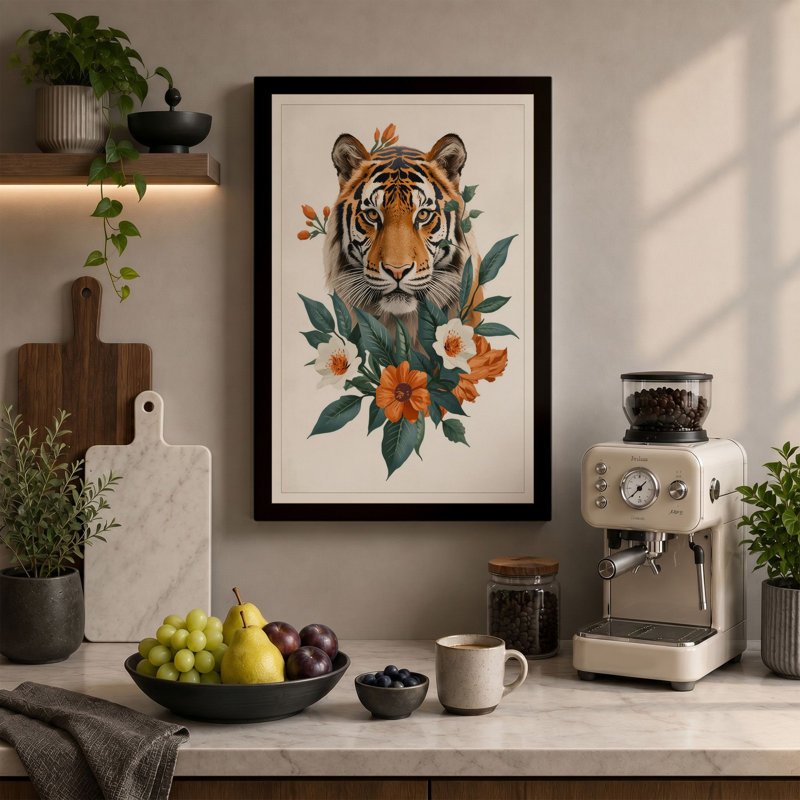 Tiger in Bloom Botanical 1 Piece Wrapped Canvas Wall Art, 30x20 - 76.2 x 50.8 cm, Teal Border