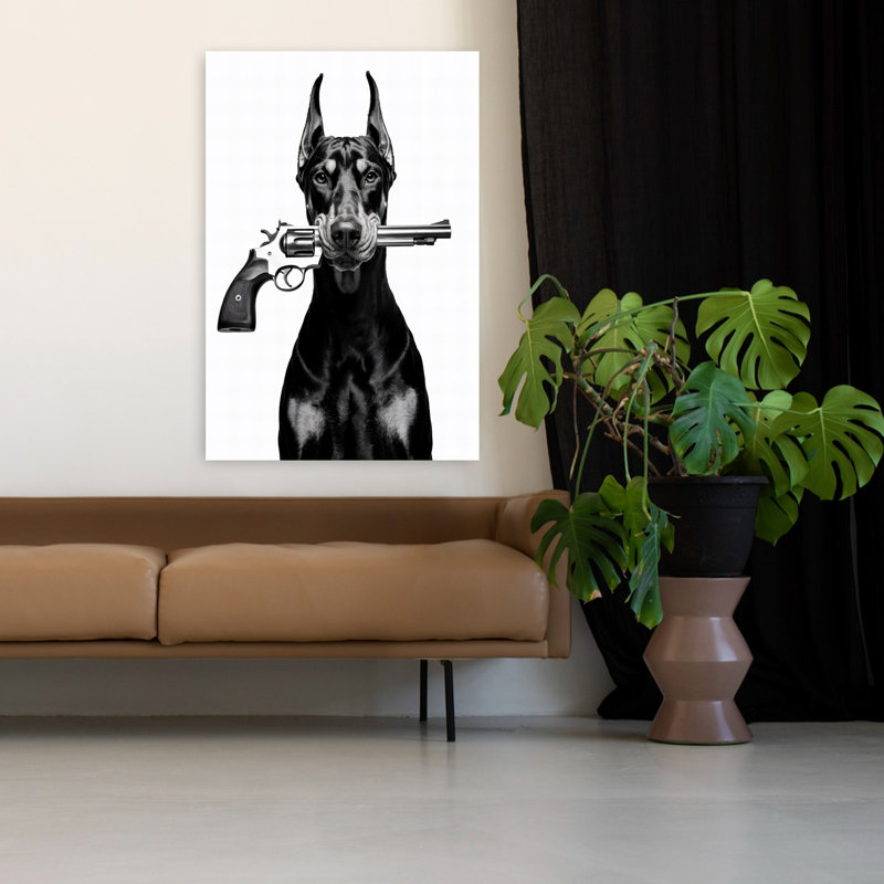 «Doberman with Revolver Dramatic Contemporary Portrait», art mural, 48" H x 32" W
