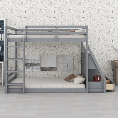 Modern Bunk Bed with APP-Controlled 7-Color LED Lighting, USB Ports, Shelves and 2 Drawers