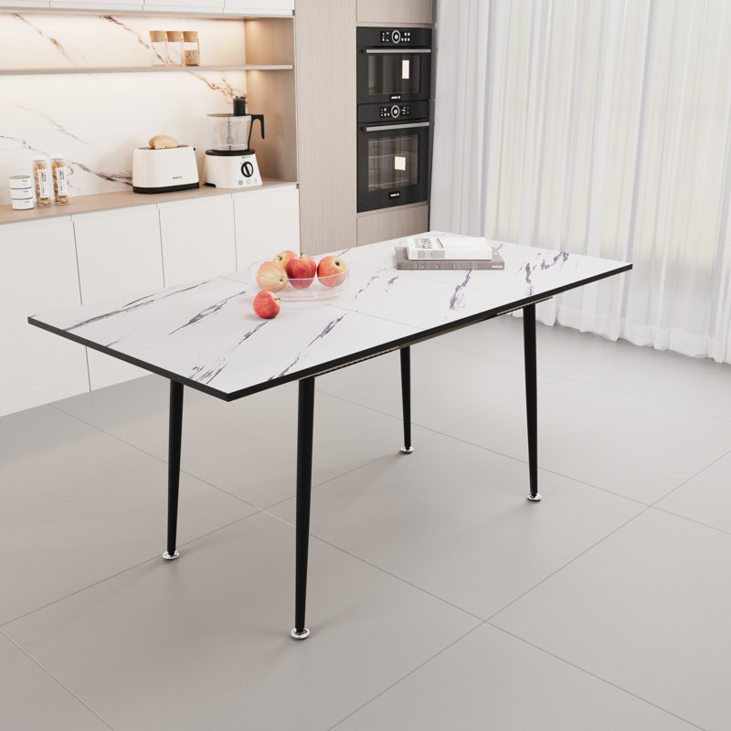 Table de salle à manger extensible de 47 po à 63 po, lueur de marbre blanc, industrielle moderne pour la cuisine et la salle à manger, avec pieds en métal noir conique