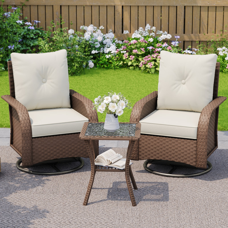 Chaise berçante pivotante d'extérieur 3 pièces avec coussins 3 saisons, Beige