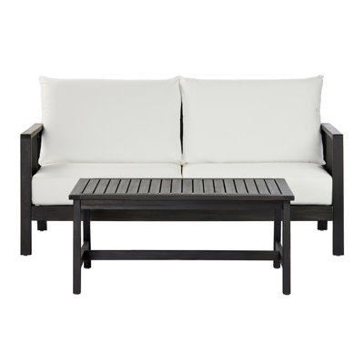2 Piece Sofa Set with Cushions Outdoor Loveseat & Coffee Table Set – Acacia Wood Frame with Black Textilene, Water-Repellent White Cushions (Dark Grey Finish) for Patio/Backyard/Deck