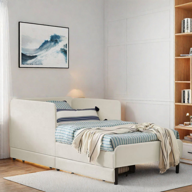 Upholstered Daybed With 2 Storage Drawers And Adjustable Side Rail, Twin