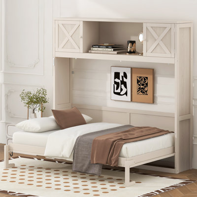 Lit escamotable double avec 2 armoires de rangement et 1 tablette de rangement
