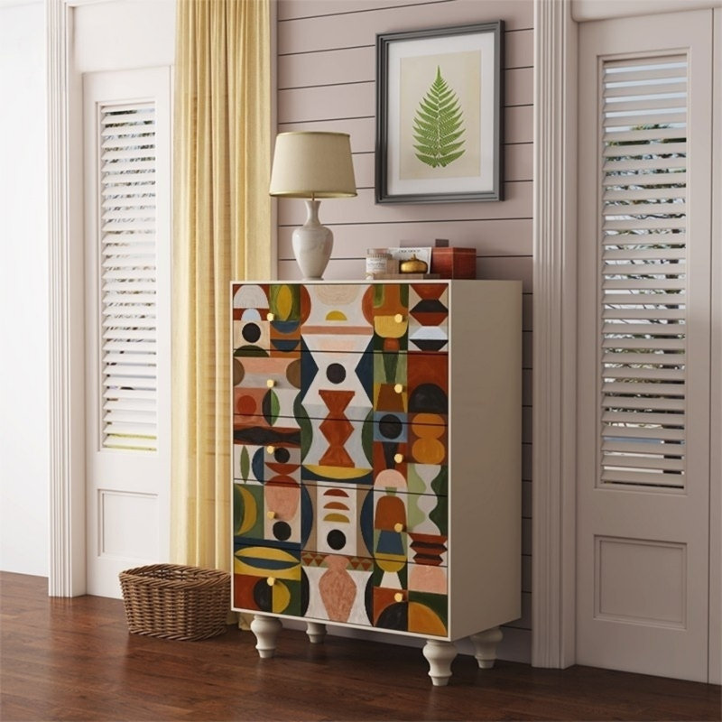 Commode d'appoint avec cinq tiroirs Retro, Blanc ivoire