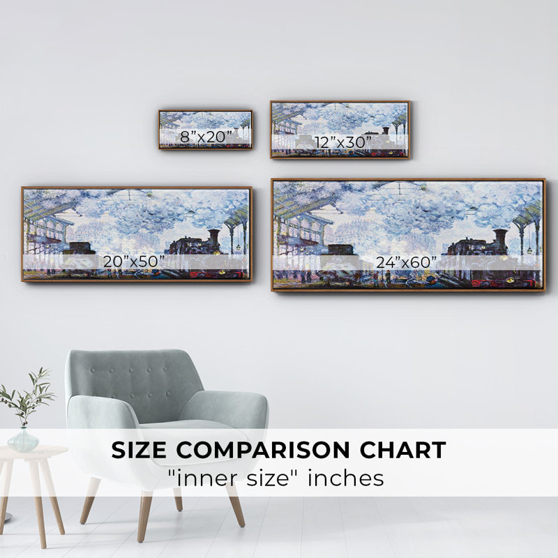 «Saint Lazare Station In Paris», arrivée d'un train par Monet sur toile, H 8 po x l 20 po x P 1,5 po, Toile avec cadre noyer