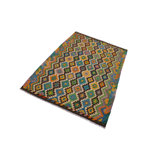 Tapis géométrique vert / brun / ivoire en laine fabriqué à la main 5 pi 10 po x 8 pi 4 po Madee