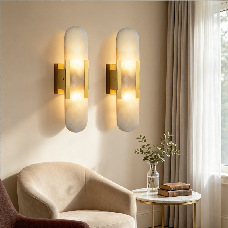 Applique murale 13,78 po à intensité variable avec abat-jour albâtre, applique murale moderne 2 lumières avec ampoules G9