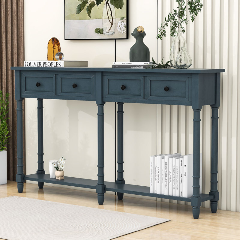 Deyja Wood Console Table with Storage Drawers and Shelf for Entryway and Living Room, Antique Navy