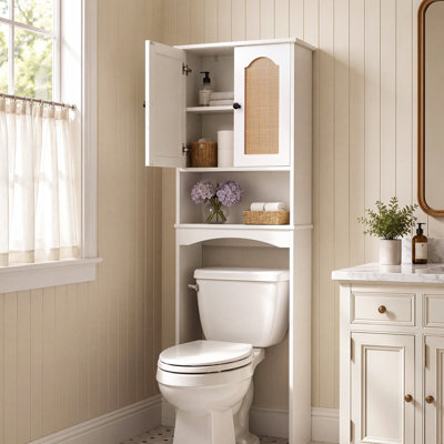 71" Tall Boho Rattan Over-The-Toilet Storage Cabinet, Freestanding Bathroom Space Saver with Soft-Close Doors, White