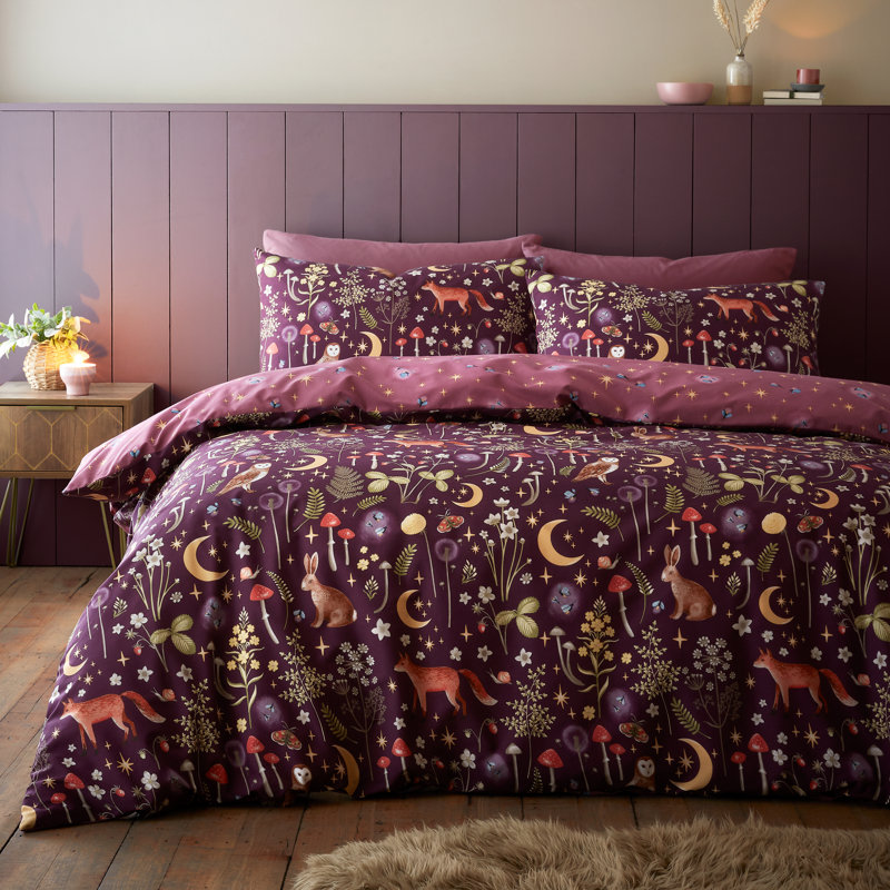 Enchanted Twilight Animals Duvet Cover Set, Kingsize Duvet Cover + 2 Standard Pillowcases, Plum