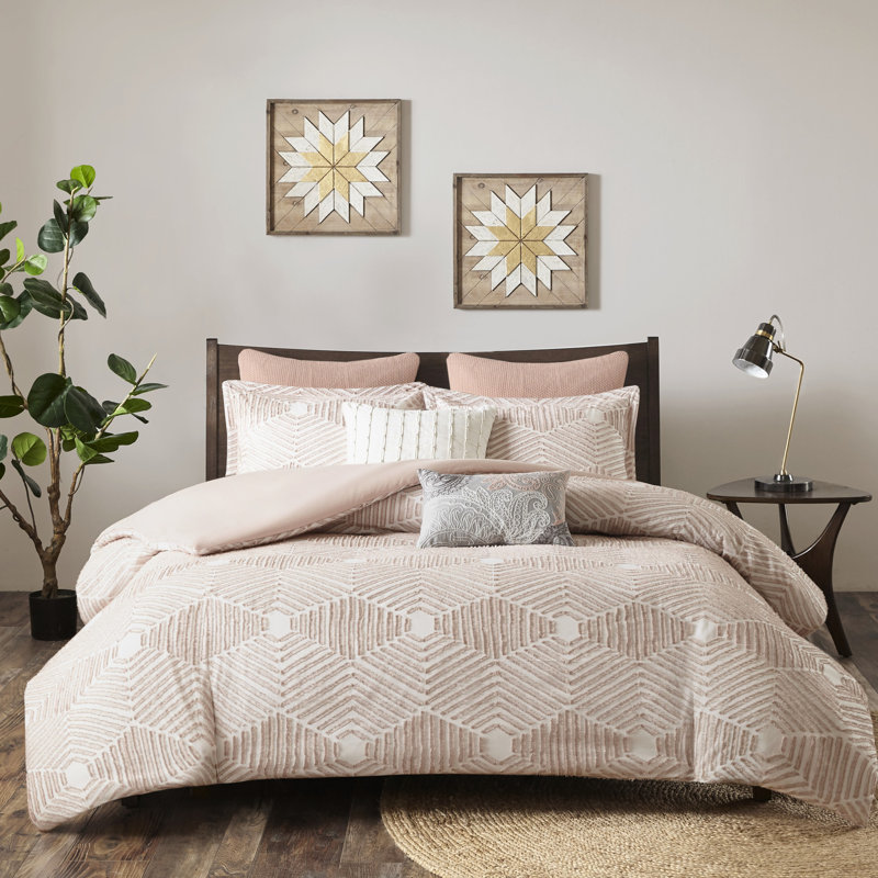 Queen Size Blush Cotton Duvet Cover , Geometric Design, 2 Shams Full/Queen With Colour, Included