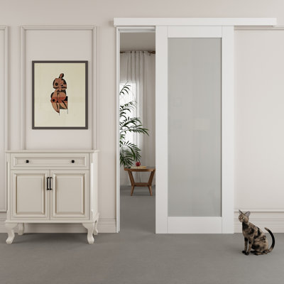 80" Hidden Style Track White Primed 1-Lite Frosted Glass Sliding Barn Door With Hardware Kit（No Assembly Required）