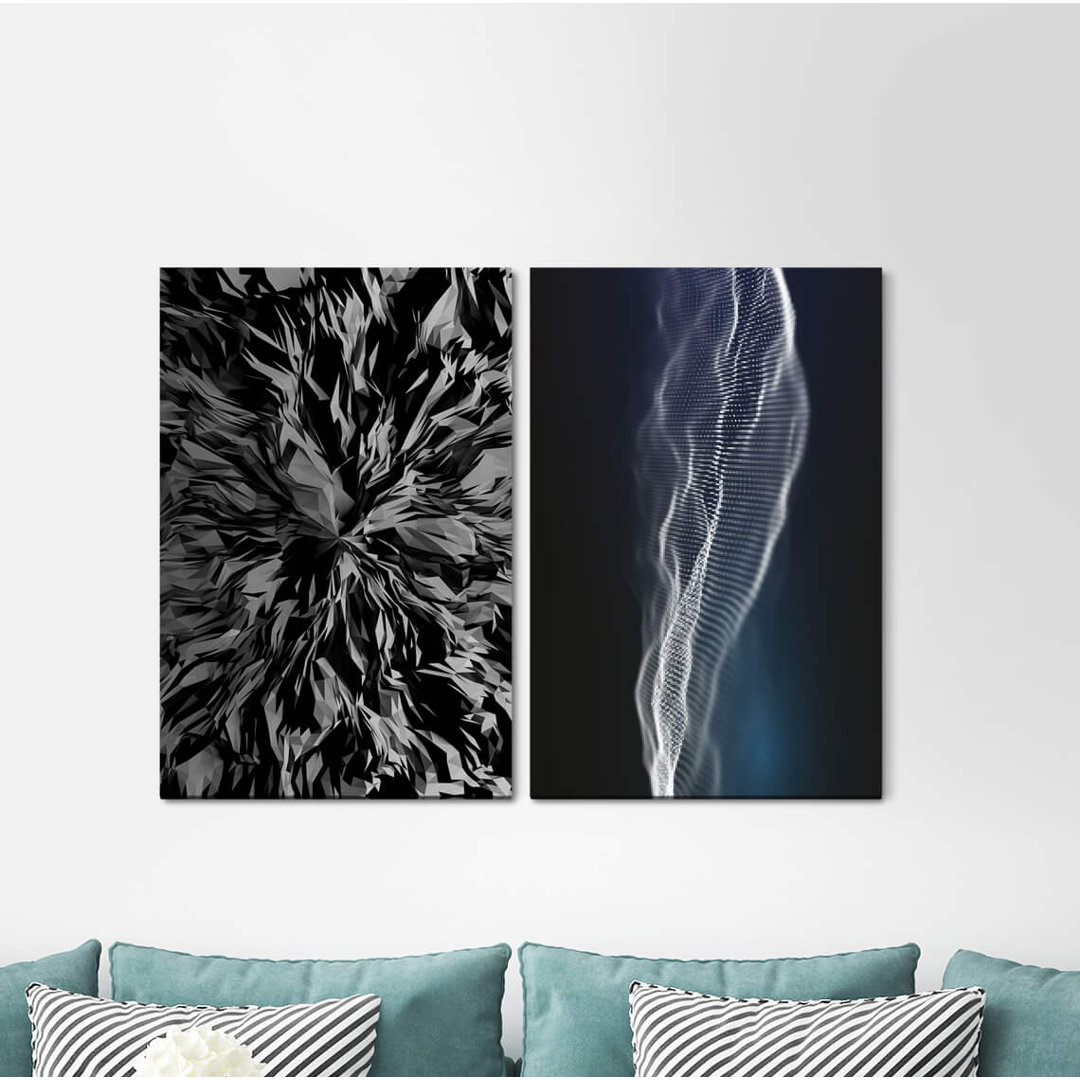 2-tlg. Leinwandbilder-Set - Grafikdruck „Abstract Waves Vibration Black Modern Energy Field”