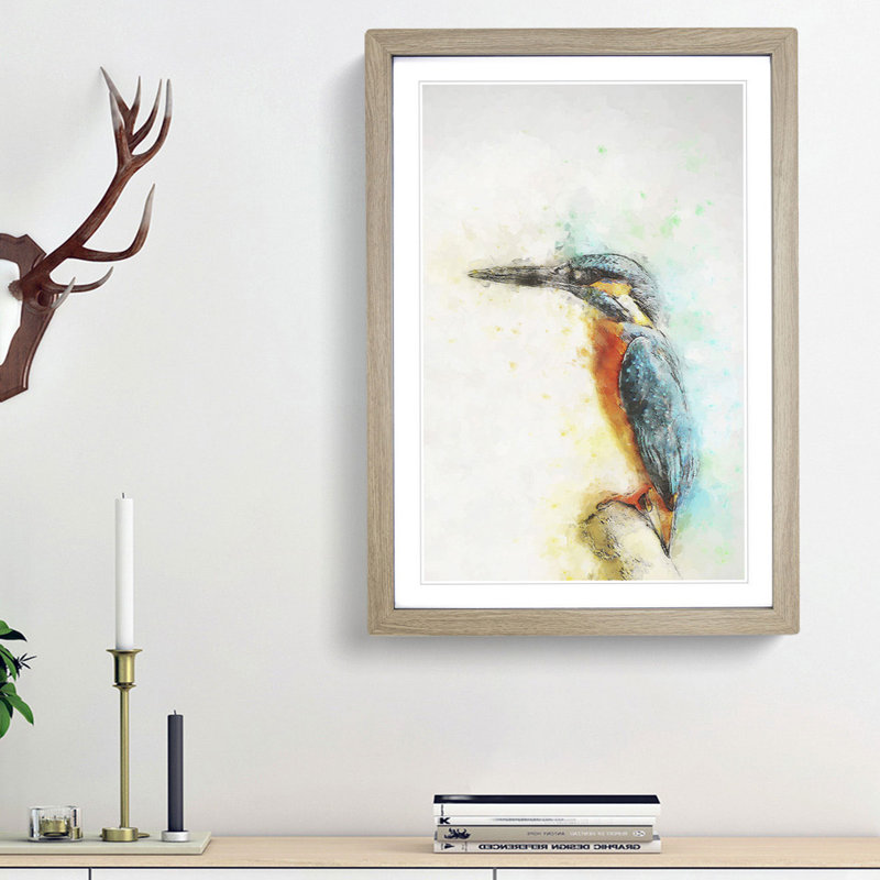 Perched Kingfisher in Abstract - Picture Frame Painting Print, 36cm H x 27cm W x 2cm D, Oak Framed