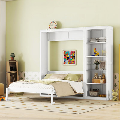 Grand lit escamotable mural avec tablettes, blanc